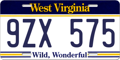 WV license plate 9ZX575