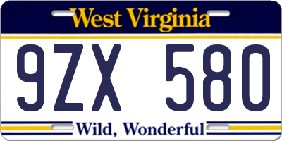 WV license plate 9ZX580