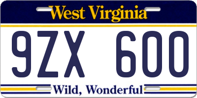 WV license plate 9ZX600