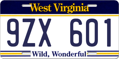 WV license plate 9ZX601