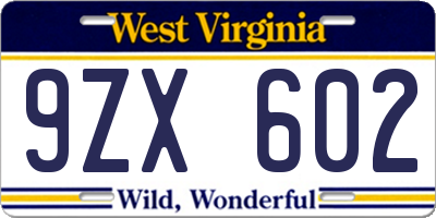 WV license plate 9ZX602