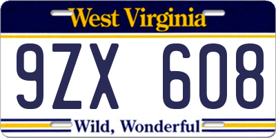 WV license plate 9ZX608