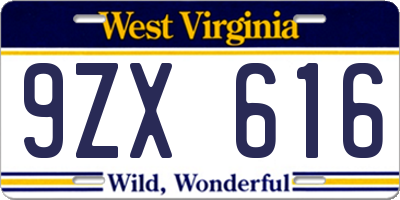 WV license plate 9ZX616