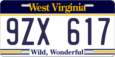 WV license plate 9ZX617