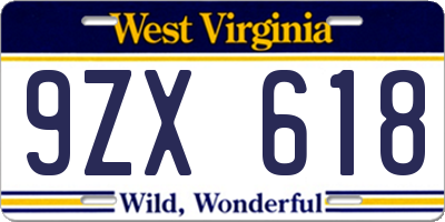 WV license plate 9ZX618