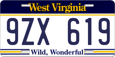 WV license plate 9ZX619