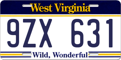 WV license plate 9ZX631