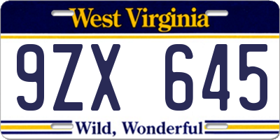 WV license plate 9ZX645
