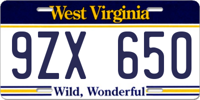 WV license plate 9ZX650