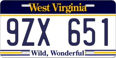 WV license plate 9ZX651