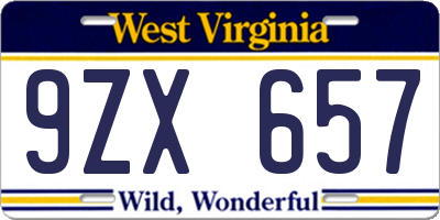WV license plate 9ZX657