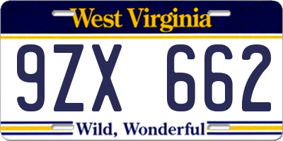 WV license plate 9ZX662