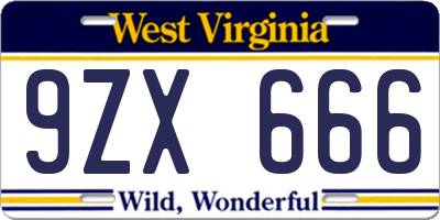 WV license plate 9ZX666