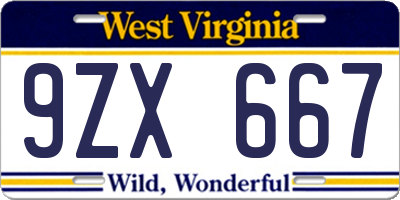 WV license plate 9ZX667