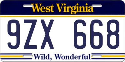 WV license plate 9ZX668