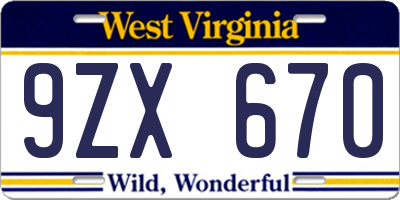 WV license plate 9ZX670