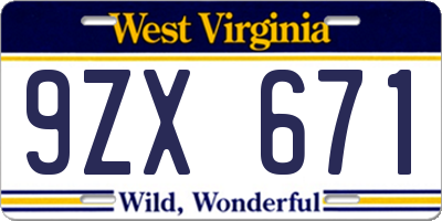 WV license plate 9ZX671