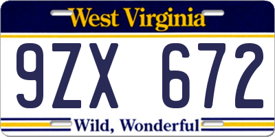 WV license plate 9ZX672