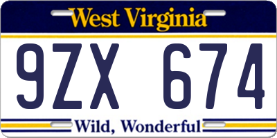 WV license plate 9ZX674