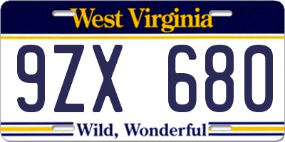 WV license plate 9ZX680