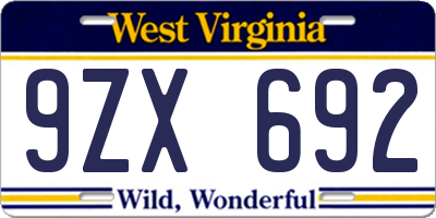 WV license plate 9ZX692