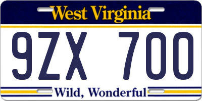 WV license plate 9ZX700