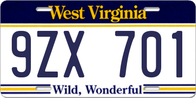 WV license plate 9ZX701