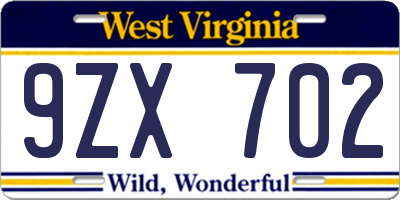 WV license plate 9ZX702