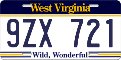 WV license plate 9ZX721
