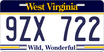 WV license plate 9ZX722