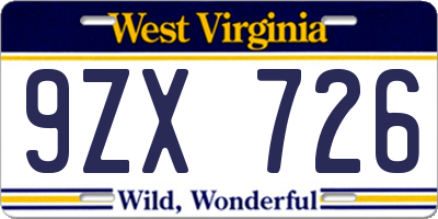 WV license plate 9ZX726