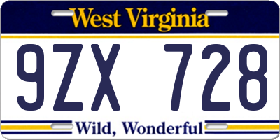 WV license plate 9ZX728