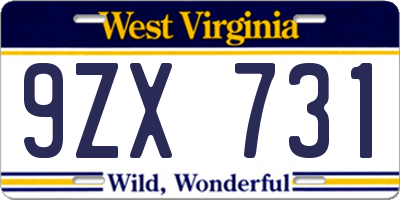 WV license plate 9ZX731