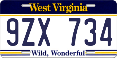 WV license plate 9ZX734
