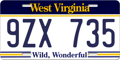WV license plate 9ZX735