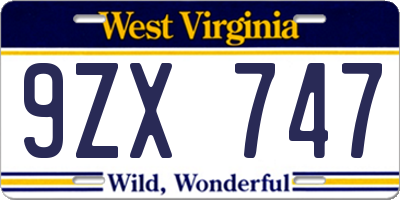 WV license plate 9ZX747