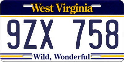 WV license plate 9ZX758