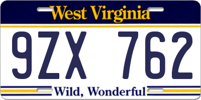 WV license plate 9ZX762