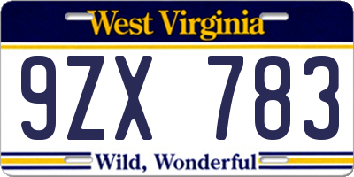 WV license plate 9ZX783