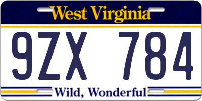 WV license plate 9ZX784