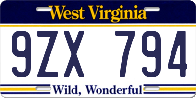 WV license plate 9ZX794