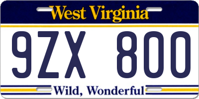 WV license plate 9ZX800