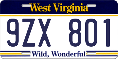 WV license plate 9ZX801
