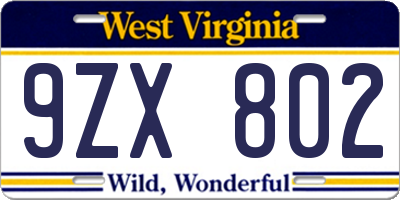 WV license plate 9ZX802