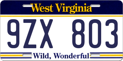 WV license plate 9ZX803