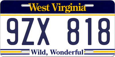 WV license plate 9ZX818