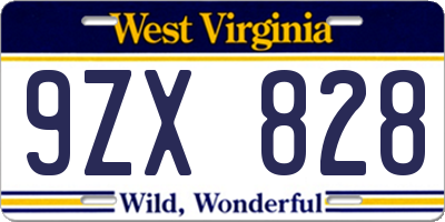 WV license plate 9ZX828