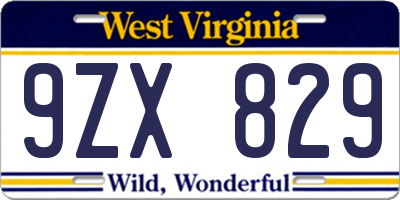 WV license plate 9ZX829