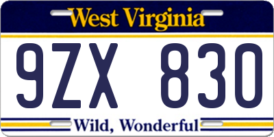 WV license plate 9ZX830