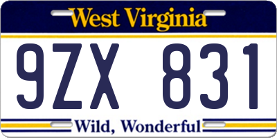 WV license plate 9ZX831